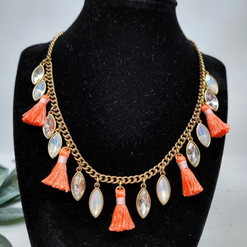 J. CREW Neon Orange Tassel Rhinestone Necklace